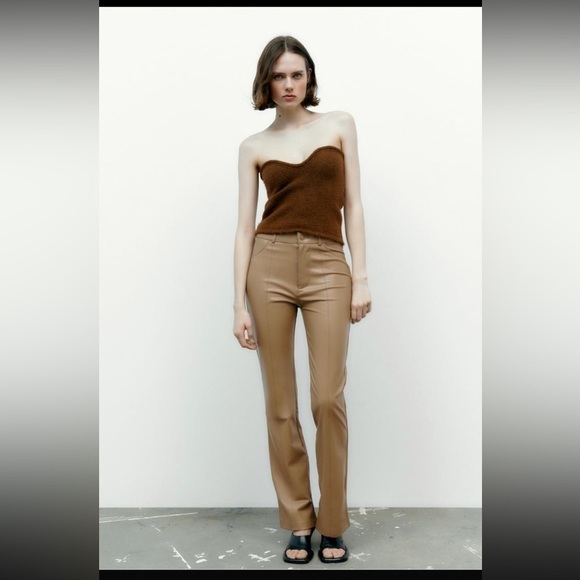 NEW ZARA Light Brown Faux Leather High Rise Slim Fit Flare Leg Pants w/ Slit - Picture 6 of 16